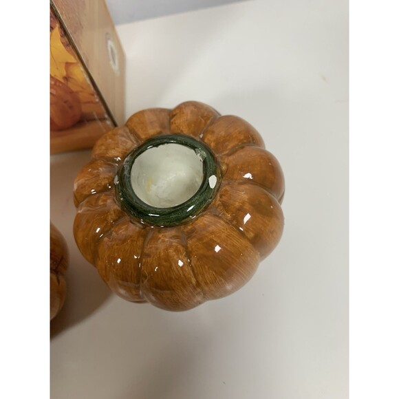 VNT Golden Harvest Pumpkin Candle Holders Set Of 2 Halloween Thanksgiving - Picture 2 of 7
